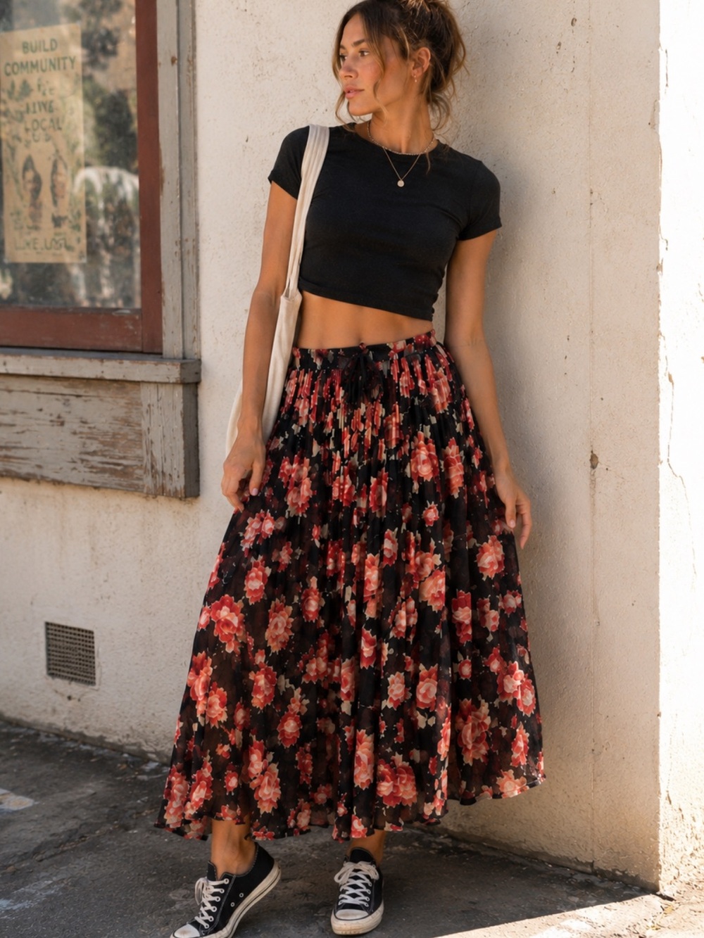 VINTAGE 90’s 100% Cotton Gauzy Black Coral Floral Midi Skirt Boho Cottagecore